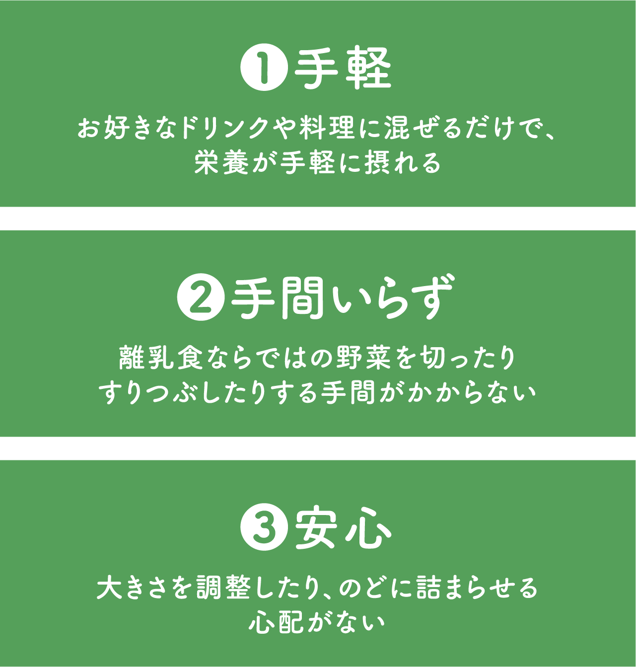 手軽 お好きなドリンクや 料理に混ぜるだけで、 栄養が手軽に摂れる 手間いらず 離乳食ならではの 野菜を切ったり すりつぶしたりする 手間がかからない 安心 大きさを調整したり、 のどに詰まらせる 心配がない